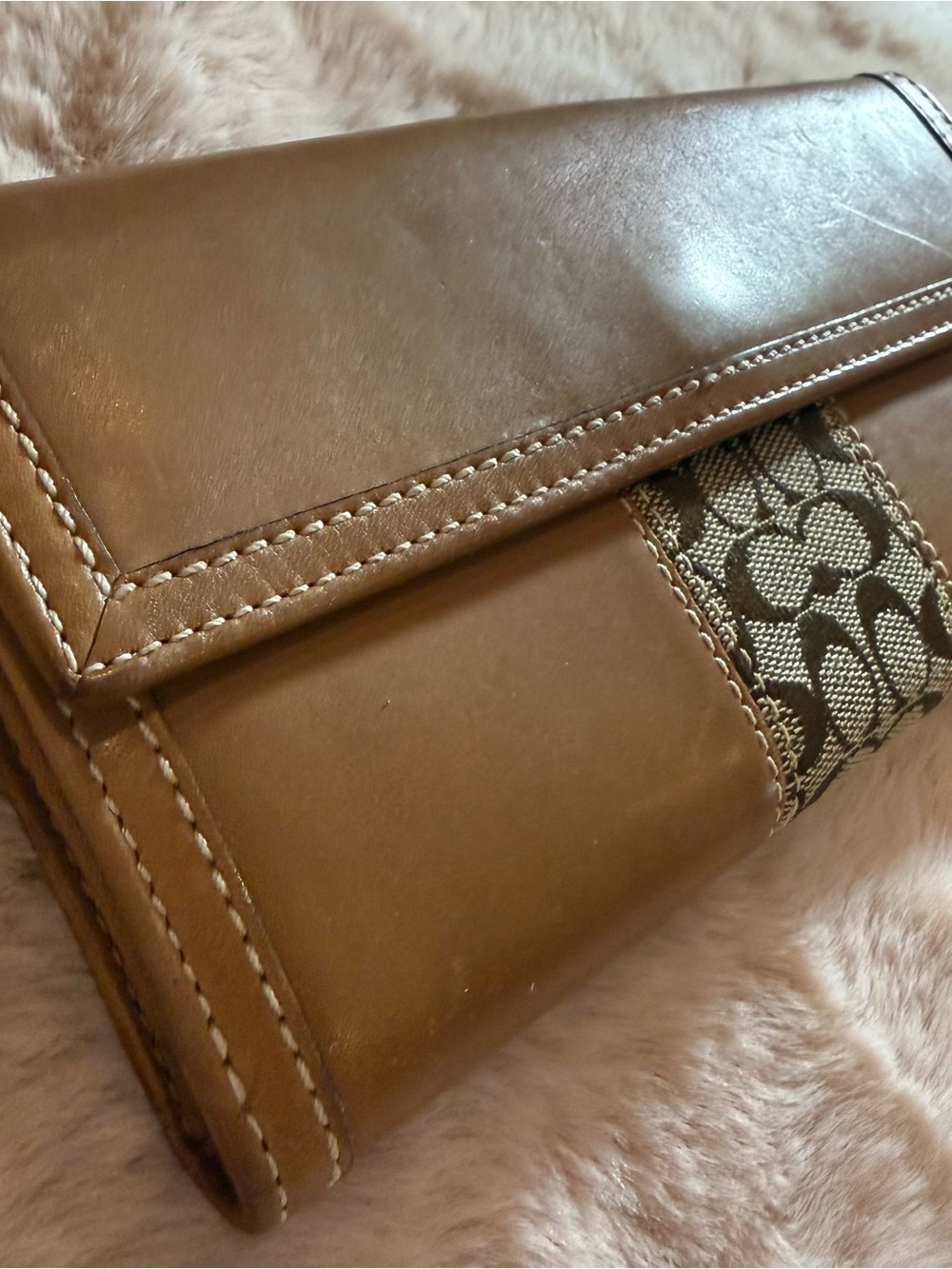 COACH Vintage Signature Canvas Long Wallet Tan Leather Snap Continental